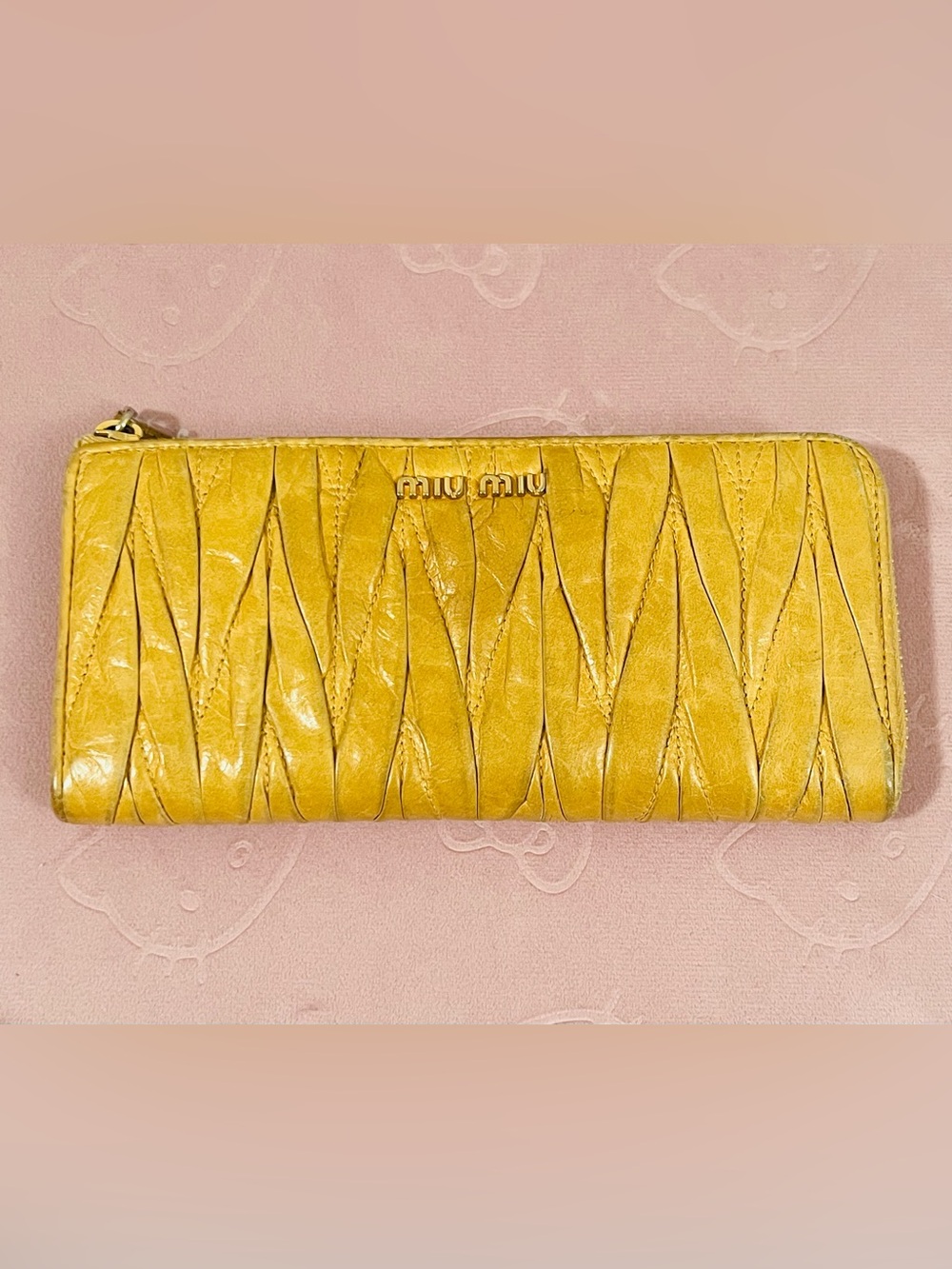 Miu Miu Mustard Yellow Matelassé Leather Wallet with Gold Logo
